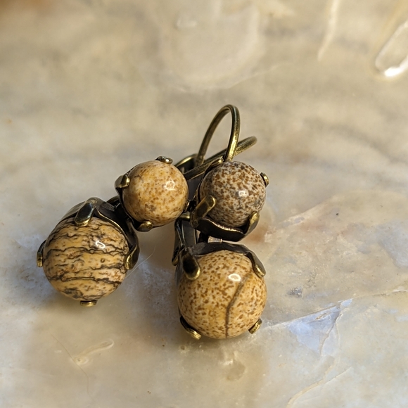 Picture Stone/ Jasper Drop Down Earrings in Brass - Picture 2 of 3